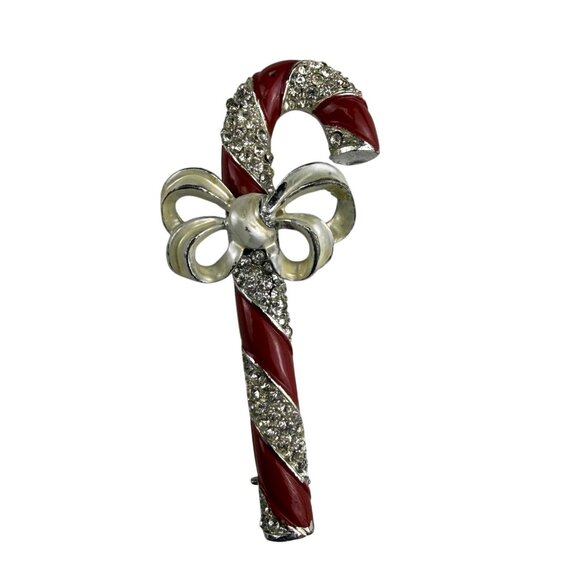 Lisner Womens Red & Silver Tone Candy Cane Brooch Vintage Holiday Jewelry Orname - Picture 1 of 5